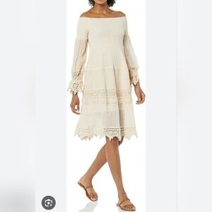 GUESS Gauzy Crinkly Crochet Lace Smocked Off The Shoulder Tiered Dress Small